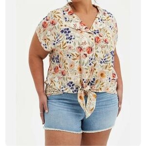 Torrid Dolman Tie Front‎ Button Down Blouse Challis Floral Sand Size 1X
